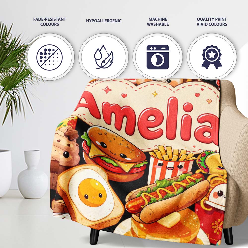 Cute Kawaii Fast Food Collage Burger Pizza Fries Drinks Seamless  Personalised Custom Name Super Soft Fleece Blanket Bed Sofa Throw