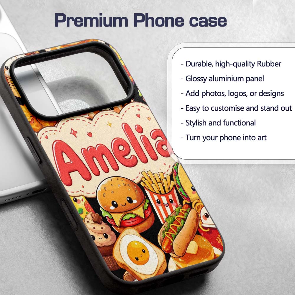 Cute Kawaii Fast Food Collage Burger Pizza Fries Custom Name Protective Phone Case Mobile Cover Durable Everyday Smartphone Shock Resistant