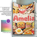 Cute Kawaii Fast Food Collage Burger Pizza Fries Drinks Seamless  Personalised Custom Name Super Soft Fleece Blanket Bed Sofa Throw