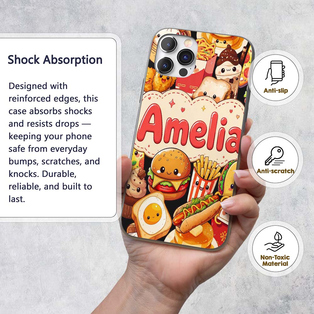 Cute Kawaii Fast Food Collage Burger Pizza Fries Custom Name Protective Phone Case Mobile Cover Durable Everyday Smartphone Shock Resistant