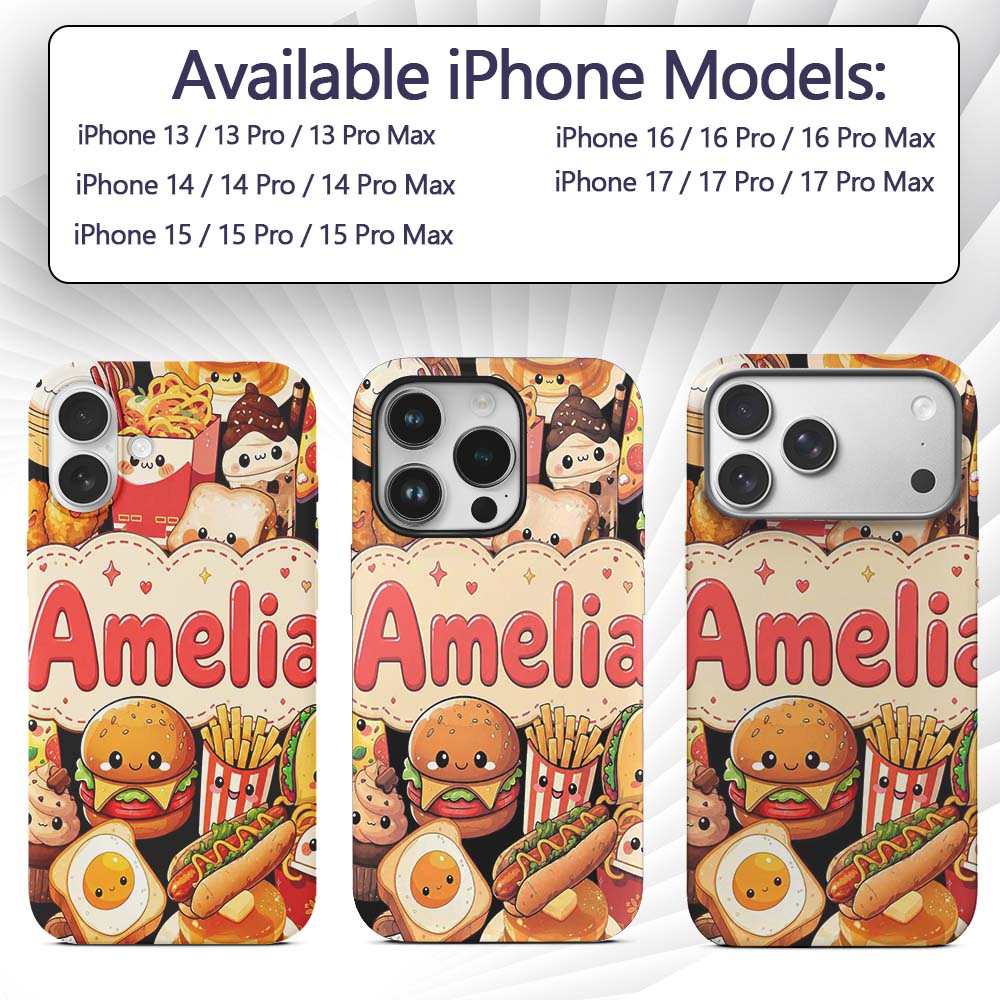 Cute Kawaii Fast Food Collage Burger Pizza Fries Custom Name Protective Phone Case Mobile Cover Durable Everyday Smartphone Shock Resistant