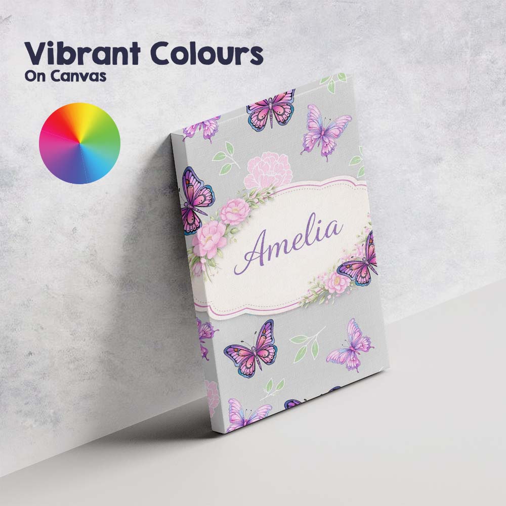 Personalised Name Pink Purple Butterfly Floral Grey Background Custom Modern Room Accent Canvas Wall Art Print Decor Picture Ready to Hang