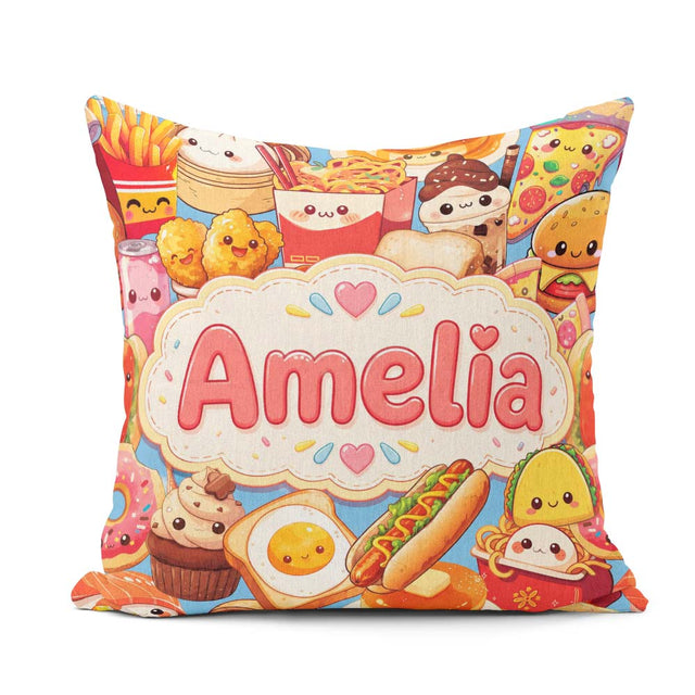 Custom Name Kawaii Fast Food Collage Burger Pizza Fries Seamless Square Filled Cushion Throw Pillow Sofa Bed Home Decor Zip Washable UK Made
