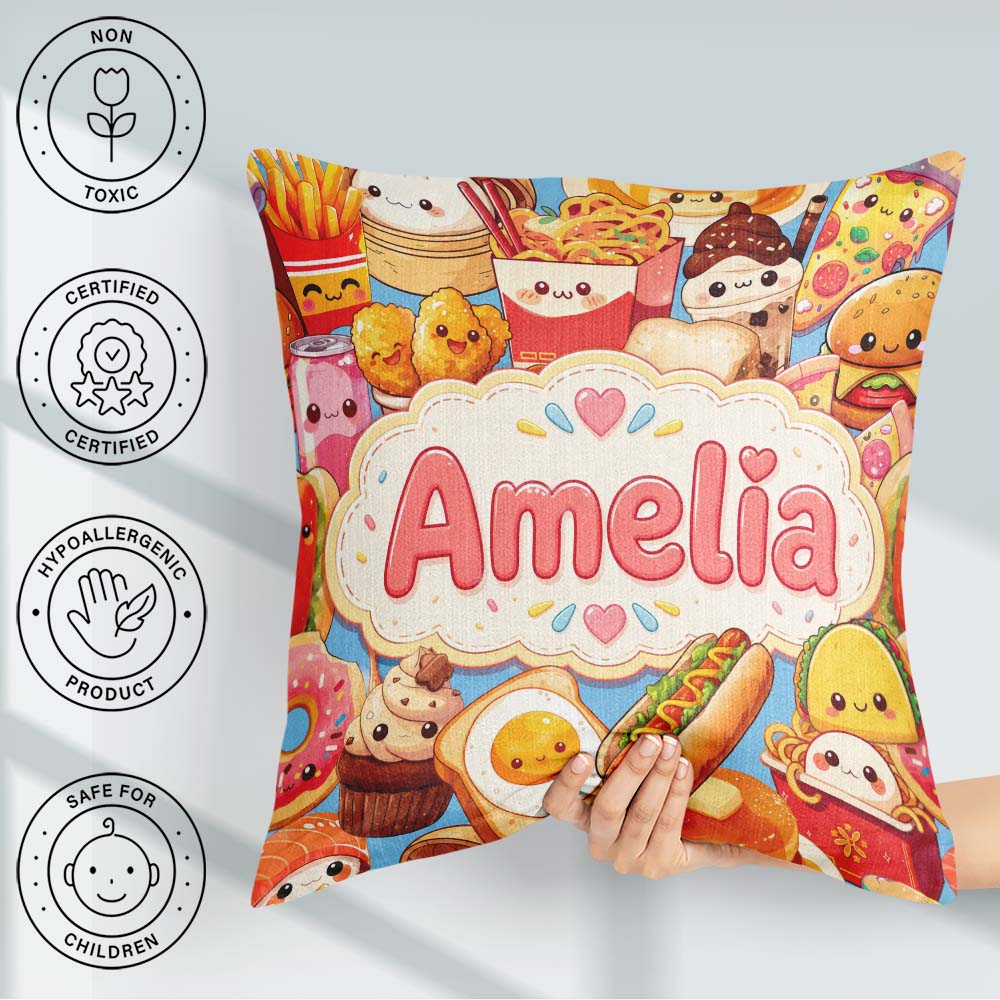Custom Name Kawaii Fast Food Collage Burger Pizza Fries Seamless Square Filled Cushion Throw Pillow Sofa Bed Home Decor Zip Washable UK Made