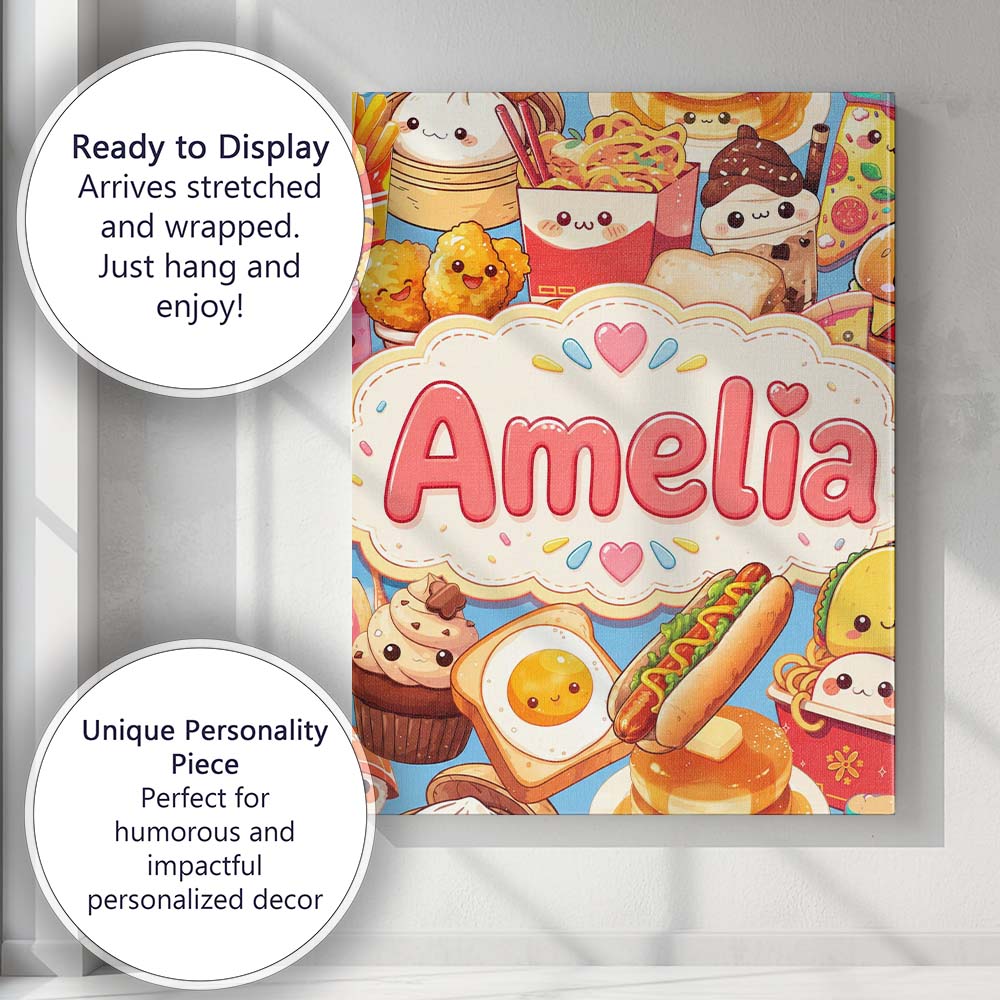 Personalised Name Kawaii Fast Food Collage Custom  Unique Gift Idea Elegant Feature Canvas Wall Art Print Decor Picture Ready to Hang