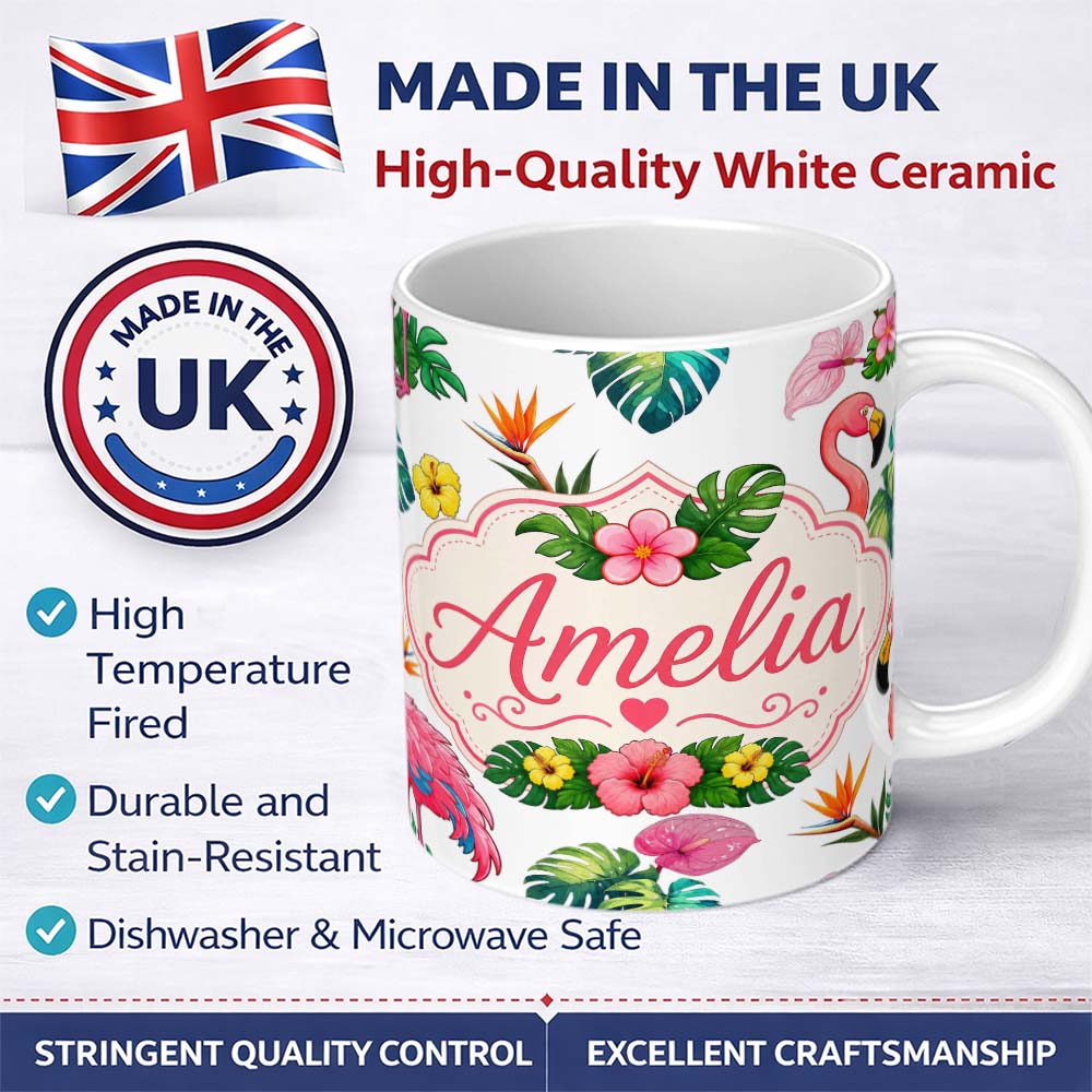 Personalized Custom Name Tropical Flamingo Bird with Exotic Flowers Leaves Light Grey Lovely 11oz Ceramic Coffee Tea Mug White Large Handle