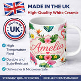 Personalized Custom Name Tropical Flamingo Bird with Exotic Flowers Leaves Light Grey Lovely 11oz Ceramic Coffee Tea Mug White Large Handle
