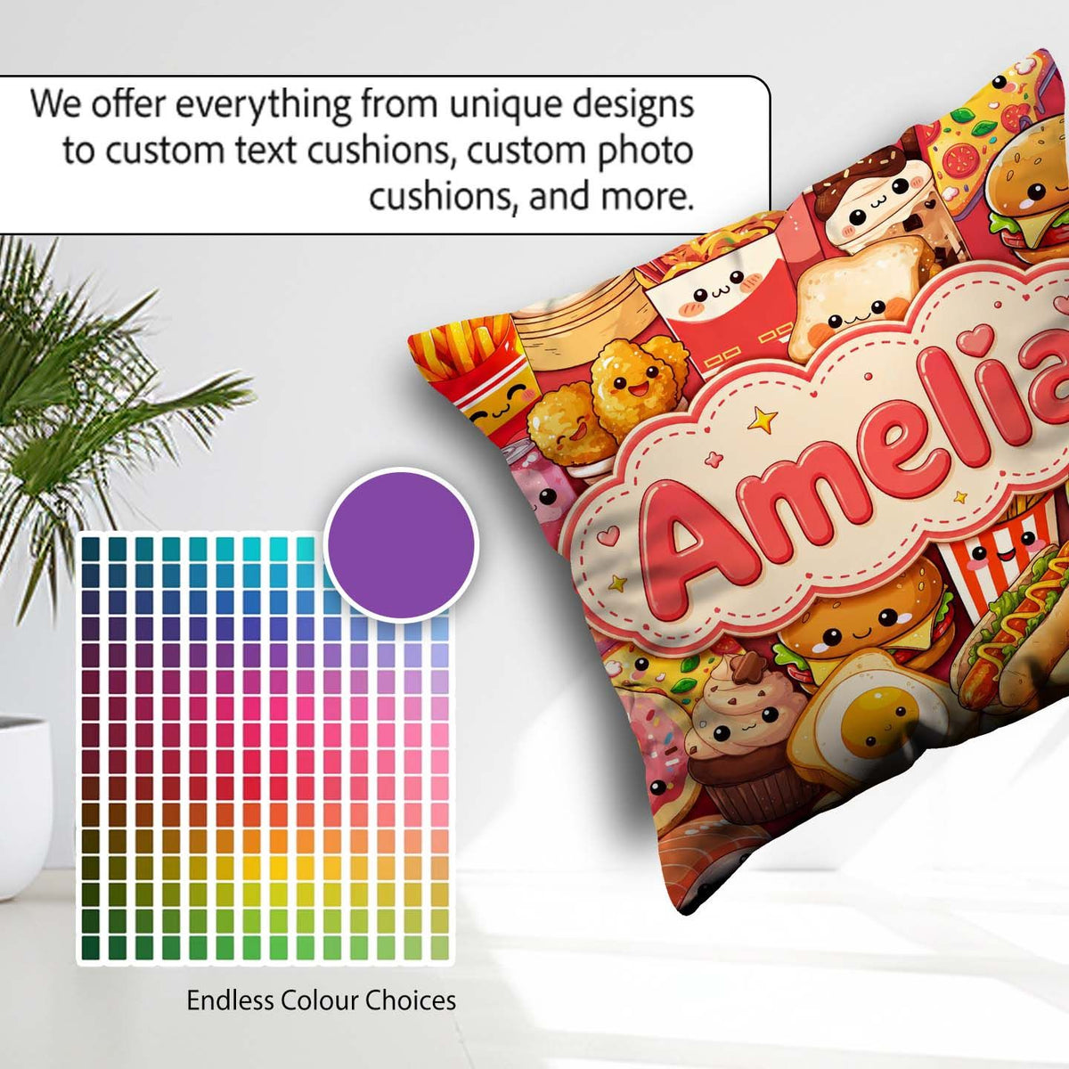Custom Name Kawaii Fast Food Collage Burger Pizza Fries Seamless Square Filled Cushion Throw Pillow Sofa Bed Home Decor Zip Washable UK Made