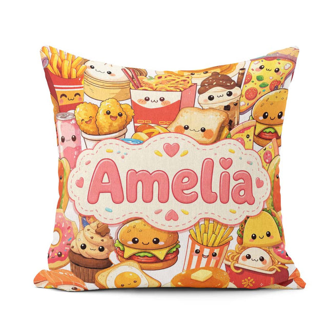 Custom Name Kawaii Fast Food Collage Burger Pizza Fries Seamless Square Filled Cushion Throw Pillow Sofa Bed Home Decor Zip Washable UK Made