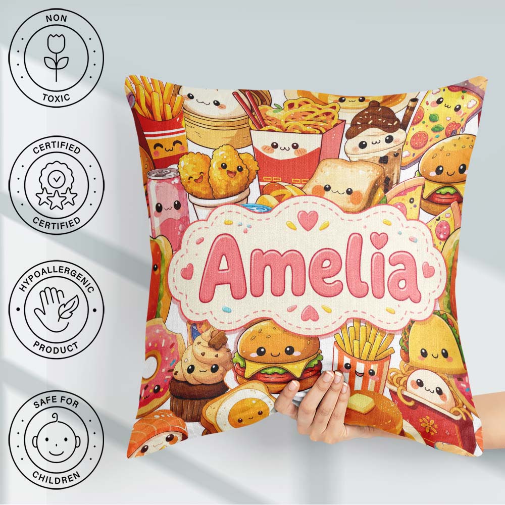 Custom Name Kawaii Fast Food Collage Burger Pizza Fries Seamless Square Filled Cushion Throw Pillow Sofa Bed Home Decor Zip Washable UK Made