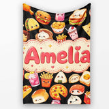 Kawaii Fast Food Burger Sushi Taco Pizza Black Seamless Pattern  Personalised Custom Name Super Soft Fleece Blanket Bed Sofa Throw