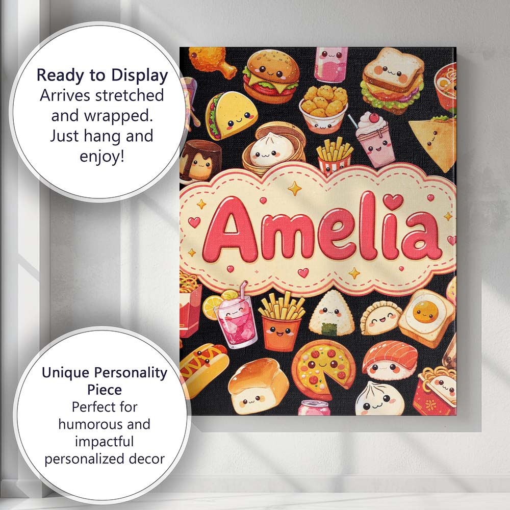 Personalised Name Kawaii Fast Food Burger Custom  Unique Gift Idea Elegant Feature Canvas Wall Art Print Decor Picture Ready to Hang