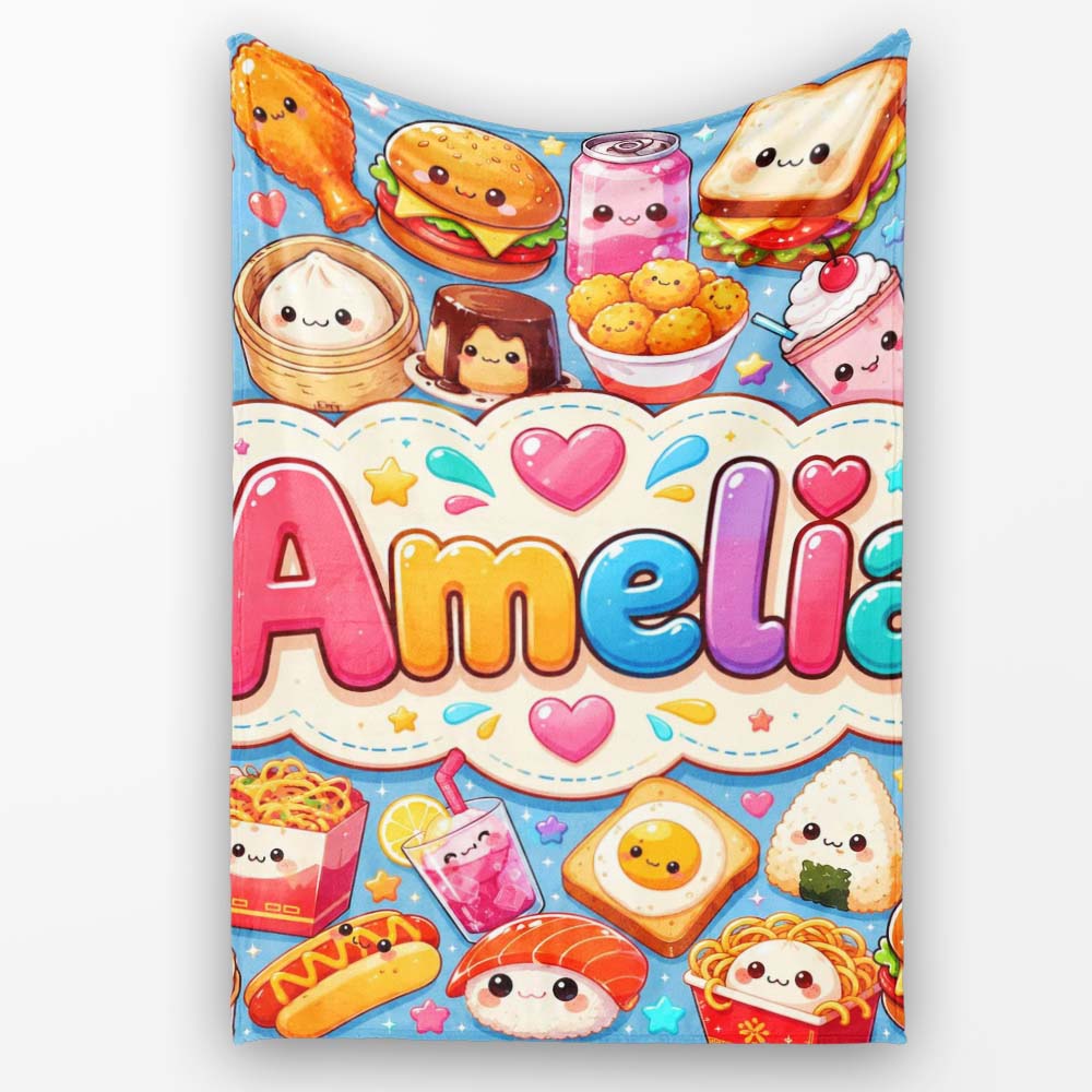 Kawaii Fast Food Burger Sushi Taco Pizza Blue Seamless Pattern Name  Personalised Custom Name Super Soft Fleece Blanket Bed Sofa Throw
