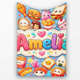 Kawaii Fast Food Burger Sushi Taco Pizza Blue Seamless Pattern Name  Personalised Custom Name Super Soft Fleece Blanket Bed Sofa Throw
