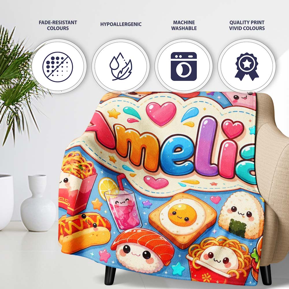 Kawaii Fast Food Burger Sushi Taco Pizza Blue Seamless Pattern Name  Personalised Custom Name Super Soft Fleece Blanket Bed Sofa Throw