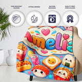Kawaii Fast Food Burger Sushi Taco Pizza Blue Seamless Pattern Name  Personalised Custom Name Super Soft Fleece Blanket Bed Sofa Throw