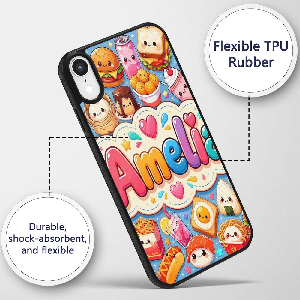 Kawaii Fast Food Burger Sushi Taco Pizza Blue Custom Name Protective Phone Case Mobile Cover Durable Everyday Smartphone Shock Resistant