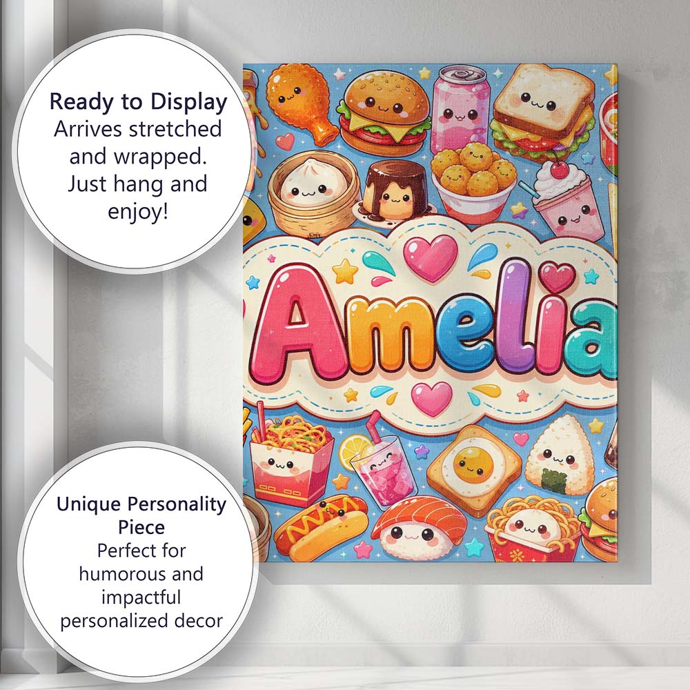 Personalised Name Kawaii Fast Food Burger Custom  Unique Gift Idea Elegant Feature Canvas Wall Art Print Decor Picture Ready to Hang