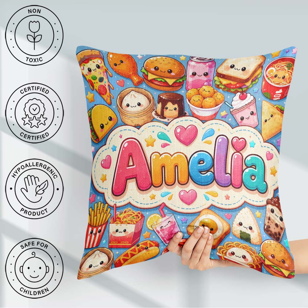 Custom Name Kawaii Fast Food Sushi Taco Pizza Blue Seamless Name Square Filled Cushion Throw Pillow Sofa Bed Home Decor Zip Washable UK Made