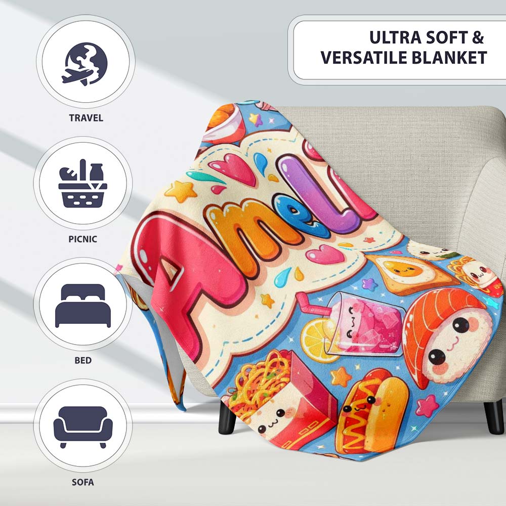 Kawaii Fast Food Burger Sushi Taco Pizza Blue Seamless Pattern Name  Personalised Custom Name Super Soft Fleece Blanket Bed Sofa Throw
