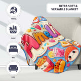 Kawaii Fast Food Burger Sushi Taco Pizza Blue Seamless Pattern Name  Personalised Custom Name Super Soft Fleece Blanket Bed Sofa Throw