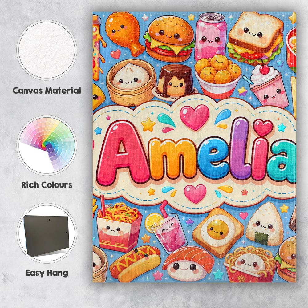 Personalised Name Kawaii Fast Food Burger Custom  Unique Gift Idea Elegant Feature Canvas Wall Art Print Decor Picture Ready to Hang