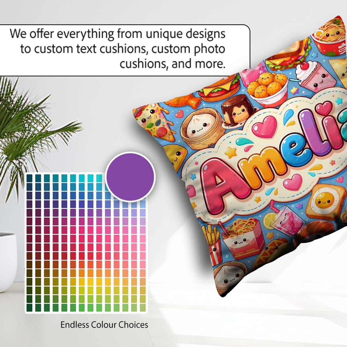 Custom Name Kawaii Fast Food Sushi Taco Pizza Blue Seamless Name Square Filled Cushion Throw Pillow Sofa Bed Home Decor Zip Washable UK Made