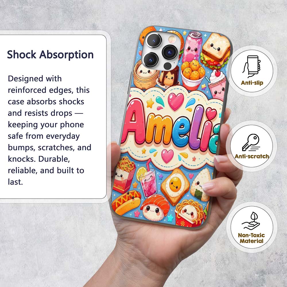 Kawaii Fast Food Burger Sushi Taco Pizza Blue Custom Name Protective Phone Case Mobile Cover Durable Everyday Smartphone Shock Resistant