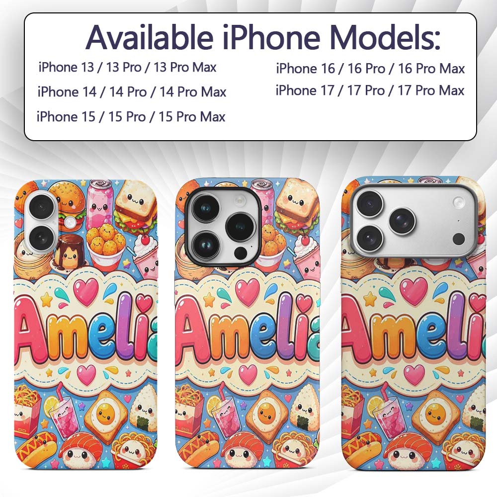 Kawaii Fast Food Burger Sushi Taco Pizza Blue Custom Name Protective Phone Case Mobile Cover Durable Everyday Smartphone Shock Resistant