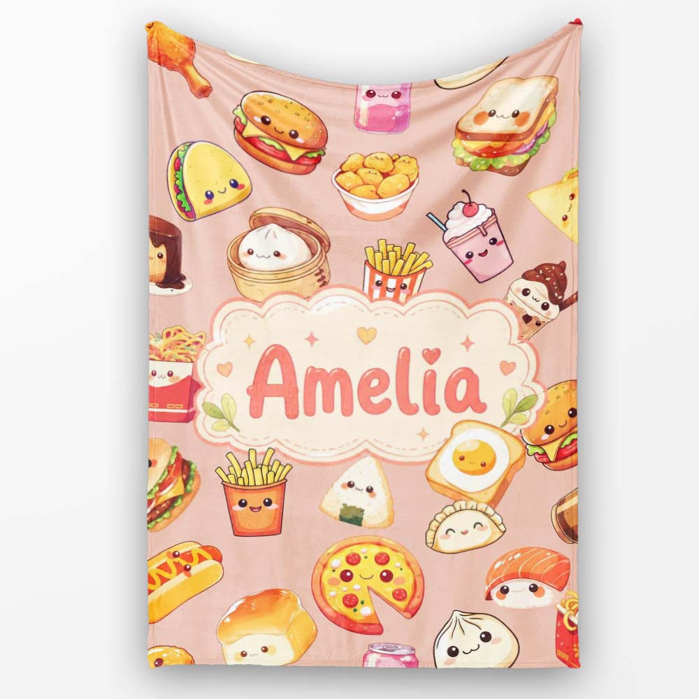Kawaii Fast Food Burger Sushi Taco Pizza Beige Seamless Pattern  Personalised Custom Name Super Soft Fleece Blanket Bed Sofa Throw