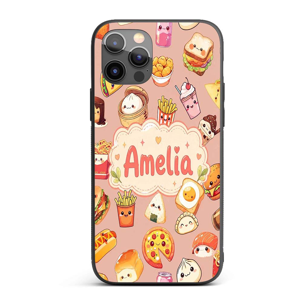 Kawaii Fast Food Burger Sushi Taco Pizza Beige Custom Name Protective Phone Case Mobile Cover Durable Everyday Smartphone Shock Resistant