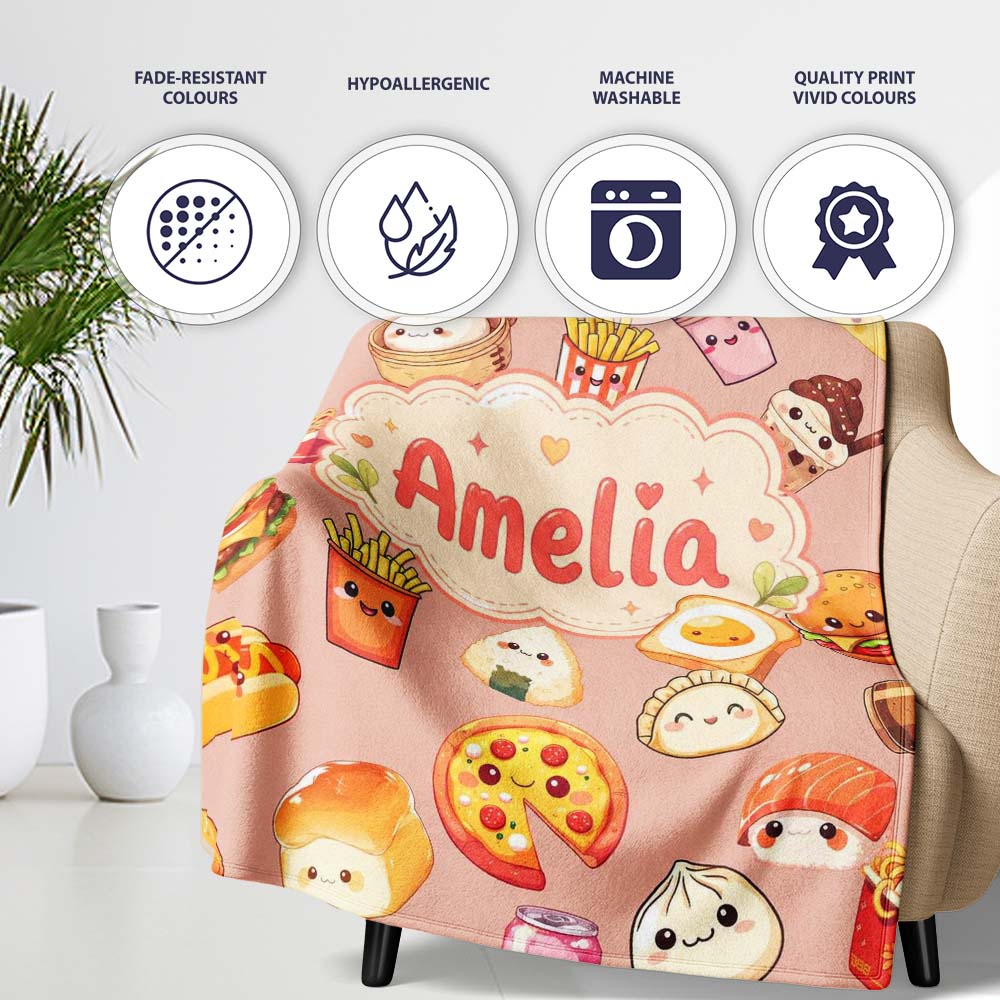 Kawaii Fast Food Burger Sushi Taco Pizza Beige Seamless Pattern  Personalised Custom Name Super Soft Fleece Blanket Bed Sofa Throw