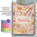 Kawaii Fast Food Burger Sushi Taco Pizza Beige Seamless Pattern  Personalised Custom Name Super Soft Fleece Blanket Bed Sofa Throw