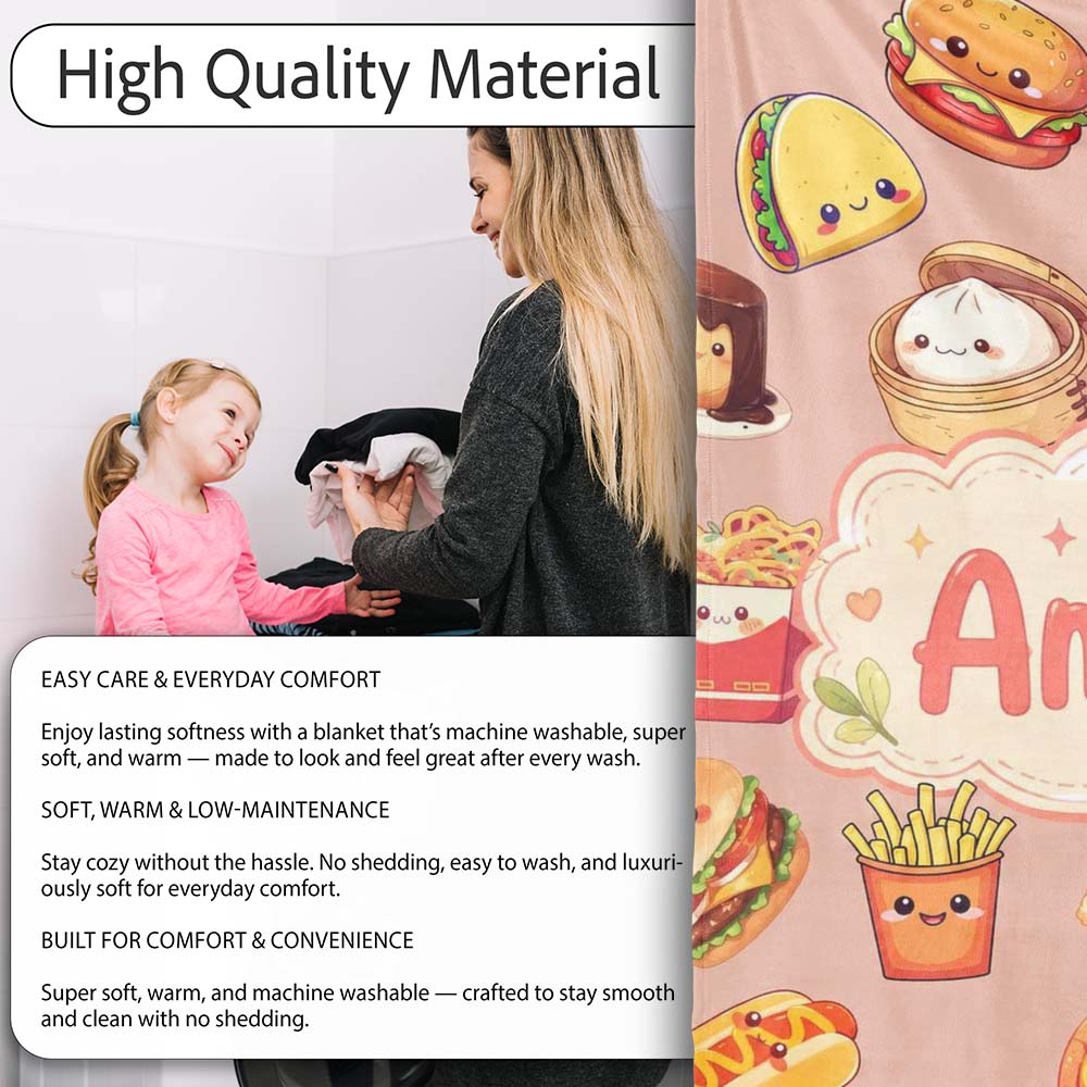 Kawaii Fast Food Burger Sushi Taco Pizza Beige Seamless Pattern  Personalised Custom Name Super Soft Fleece Blanket Bed Sofa Throw