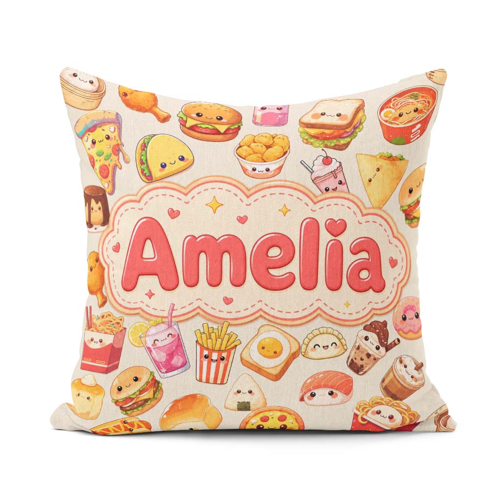 Custom Name Kawaii Fast Food Burger Sushi Pizza Seamless Pattern Square Filled Cushion Throw Pillow Sofa Bed Home Decor Zip Washable UK Made