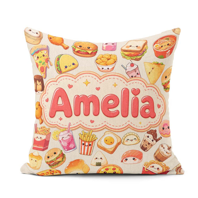 Custom Name Kawaii Fast Food Burger Sushi Pizza Seamless Pattern Square Filled Cushion Throw Pillow Sofa Bed Home Decor Zip Washable UK Made