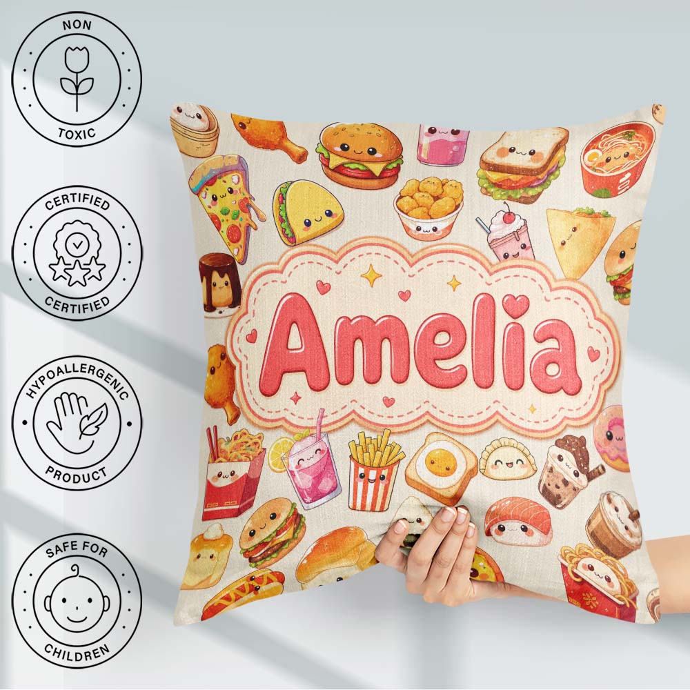 Custom Name Kawaii Fast Food Burger Sushi Pizza Seamless Pattern Square Filled Cushion Throw Pillow Sofa Bed Home Decor Zip Washable UK Made
