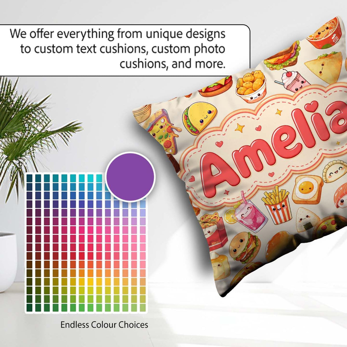 Custom Name Kawaii Fast Food Burger Sushi Pizza Seamless Pattern Square Filled Cushion Throw Pillow Sofa Bed Home Decor Zip Washable UK Made