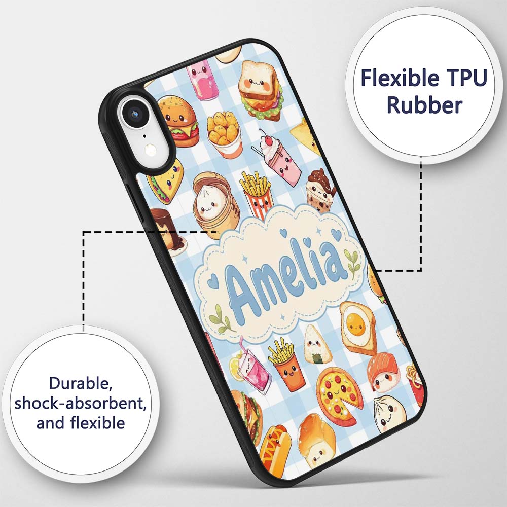 Kawaii Fast Food Burger Sushi Taco Pizza Blue Custom Name Protective Phone Case Mobile Cover Durable Everyday Smartphone Shock Resistant