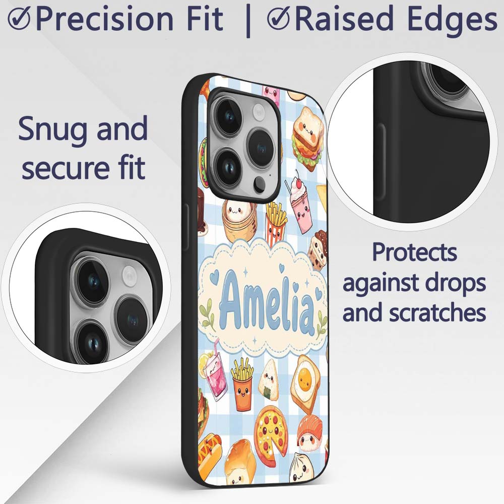 Kawaii Fast Food Burger Sushi Taco Pizza Blue Custom Name Protective Phone Case Mobile Cover Durable Everyday Smartphone Shock Resistant
