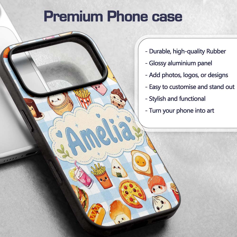 Kawaii Fast Food Burger Sushi Taco Pizza Blue Custom Name Protective Phone Case Mobile Cover Durable Everyday Smartphone Shock Resistant