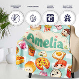 Kawaii Fast Food Burger Sushi Taco Pizza Mint Gingham Seamless  Personalised Custom Name Super Soft Fleece Blanket Bed Sofa Throw