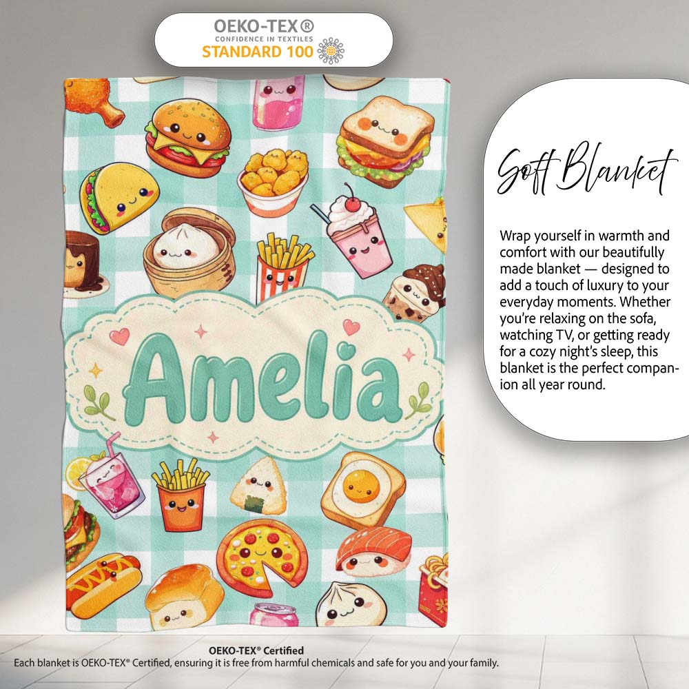 Kawaii Fast Food Burger Sushi Taco Pizza Mint Gingham Seamless  Personalised Custom Name Super Soft Fleece Blanket Bed Sofa Throw