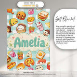 Kawaii Fast Food Burger Sushi Taco Pizza Mint Gingham Seamless  Personalised Custom Name Super Soft Fleece Blanket Bed Sofa Throw