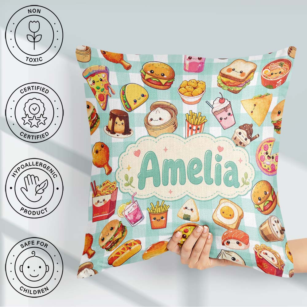 Custom Name Kawaii Fast Food Burger Sushi Pizza Gingham Seamless Square Filled Cushion Throw Pillow Sofa Bed Home Decor Zip Washable UK Made