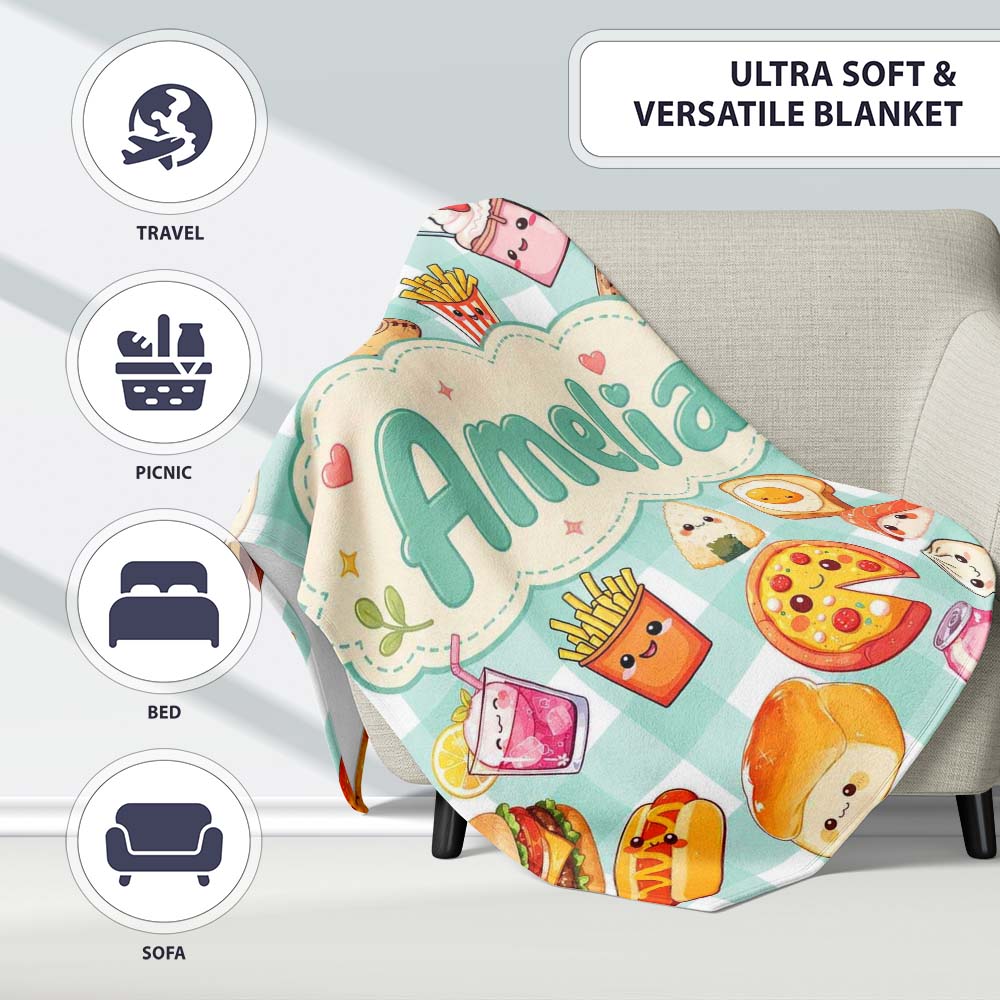 Kawaii Fast Food Burger Sushi Taco Pizza Mint Gingham Seamless  Personalised Custom Name Super Soft Fleece Blanket Bed Sofa Throw
