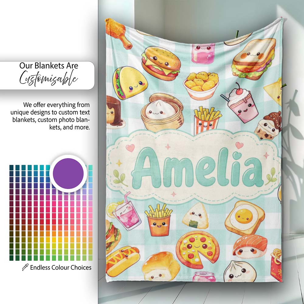 Kawaii Fast Food Burger Sushi Taco Pizza Mint Gingham Seamless  Personalised Custom Name Super Soft Fleece Blanket Bed Sofa Throw