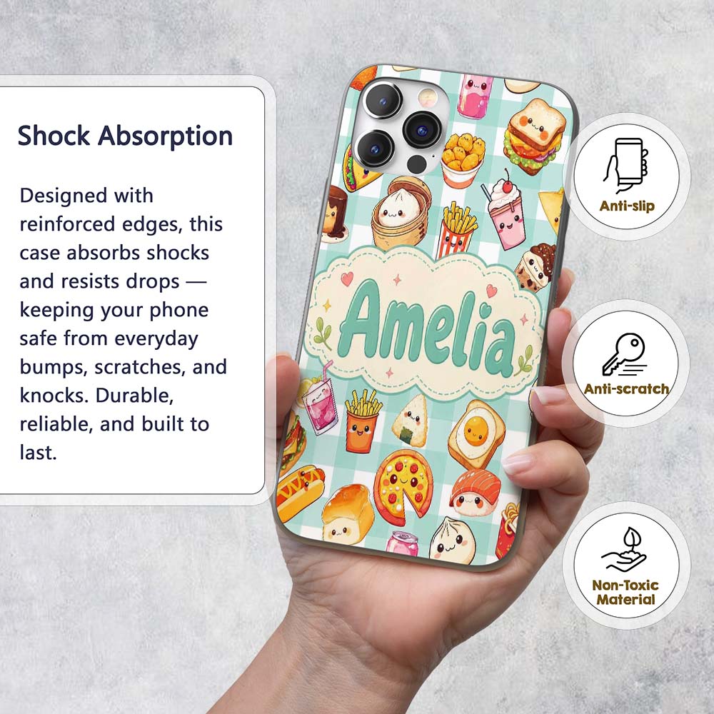 Kawaii Fast Food Burger Sushi Taco Pizza Mint Custom Name Protective Phone Case Mobile Cover Durable Everyday Smartphone Shock Resistant