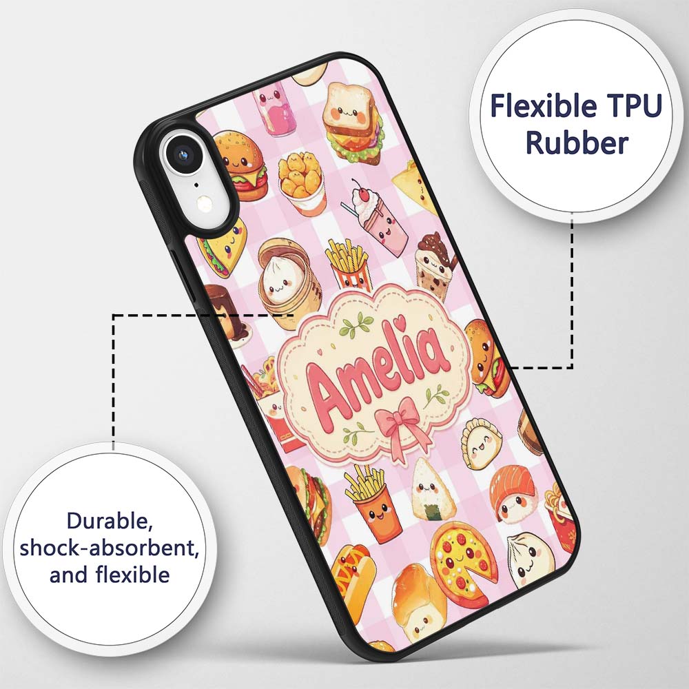 Kawaii Fast Food Burger Sushi Taco Pizza Pink Custom Name Protective Phone Case Mobile Cover Durable Everyday Smartphone Shock Resistant