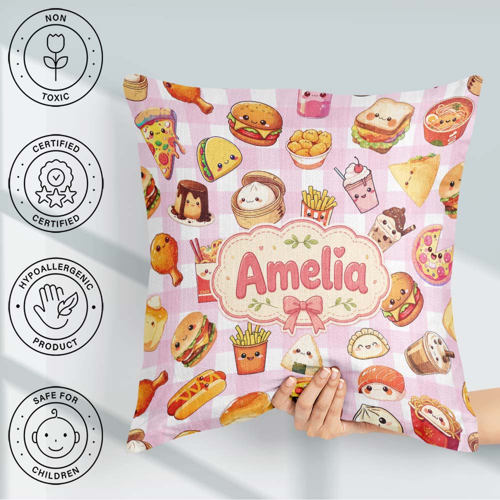 Custom Name Kawaii Fast Food Burger Sushi Pizza Gingham Seamless Square Filled Cushion Throw Pillow Sofa Bed Home Decor Zip Washable UK Made